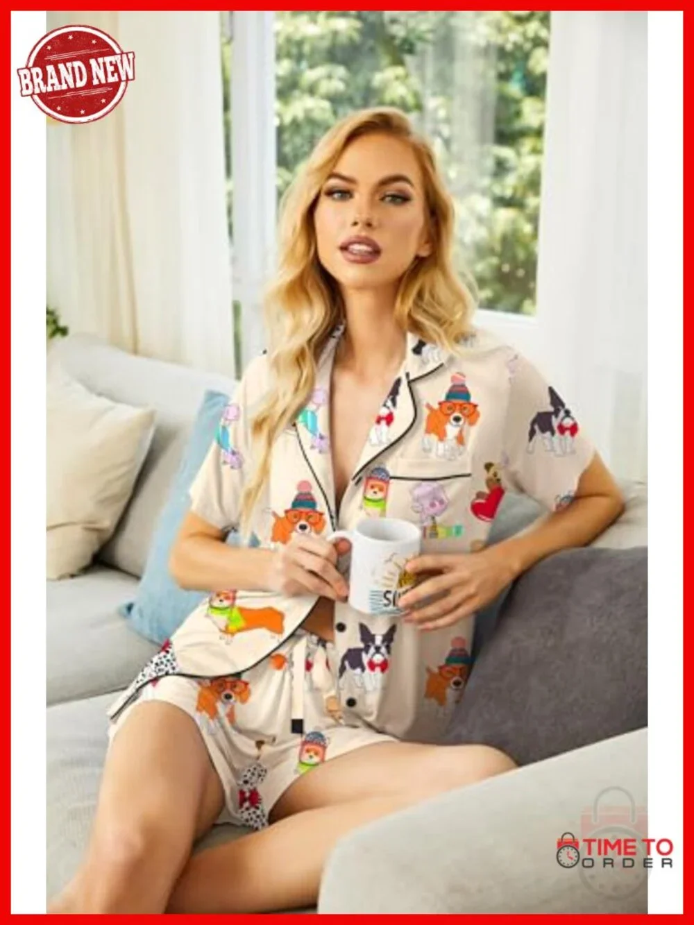 2-Piece Short Sleeve Pajama Set with Button Down Top & Shorts